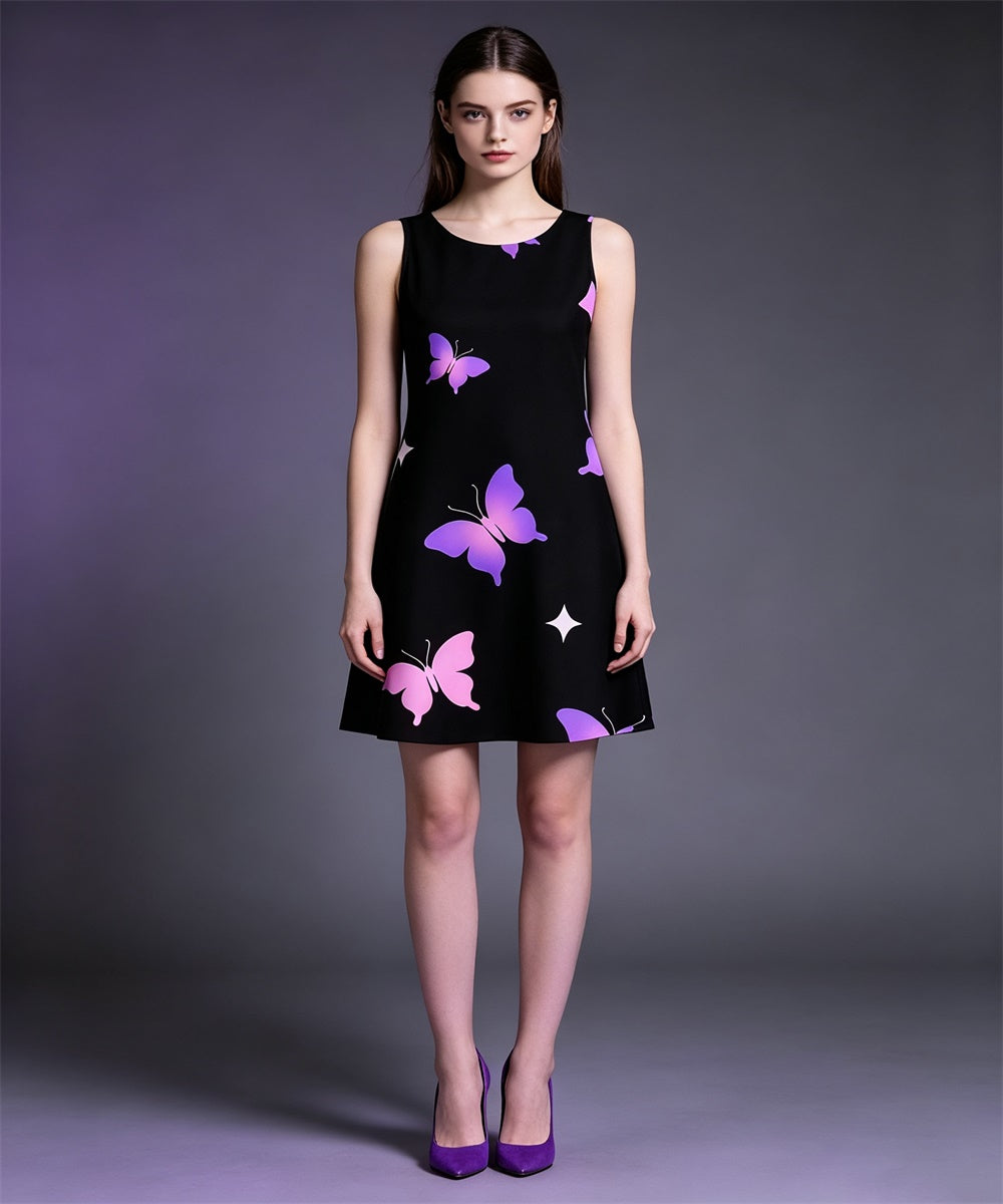 Women Sleeveless A-Line Mini Dress, Black Butterfly & White Rose Print Round Neck Casual Dress