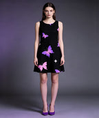 Women Sleeveless A-Line Mini Dress, Black Butterfly & White Rose Print Round Neck Casual Dress