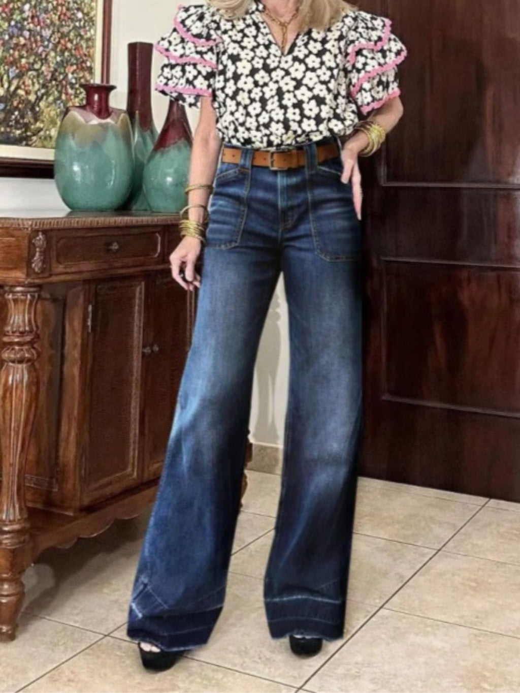 Women Dark Blue Wide Leg Jeans High Rise Denim Pants Casual Loose Fit Full Length Jeans Wholesale Ready Stock