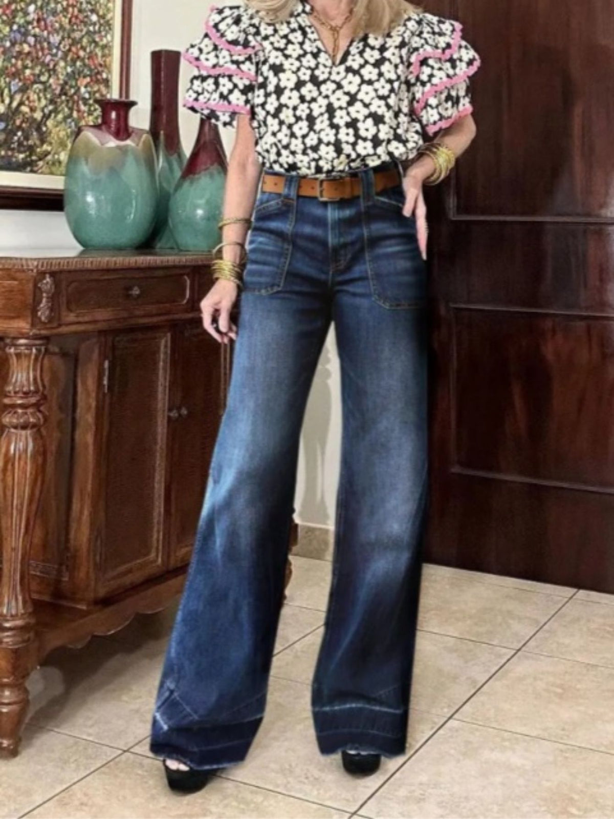 Women Dark Blue Wide Leg Jeans High Rise Denim Pants Casual Loose Fit Full Length Jeans Wholesale Ready Stock