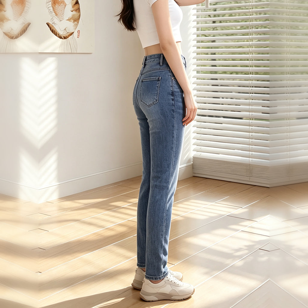 Women High Waist Slim Skinny Jeans, Classic Blue Washed Stretch Denim Pants With Pockets