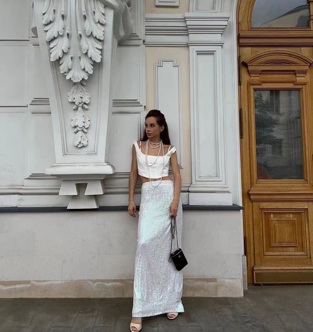 Womens Solid-color Sequined And Beaded Fashion Casual Skirt With A Back Slit