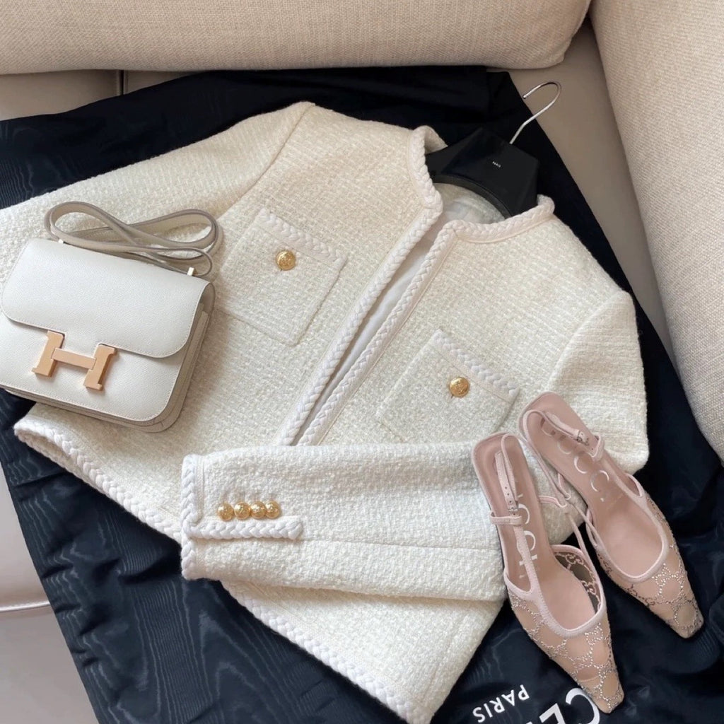 Elegant And Versatile French-style Cable-knit Jacket With Gold Buttons