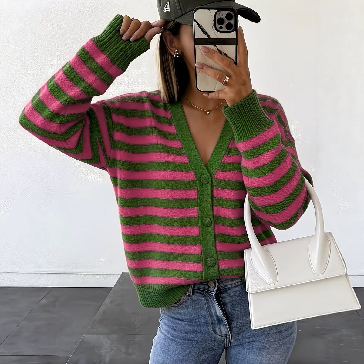 Womens Fashionable Contrasting-Color Striped Knitted V-Neck Coat