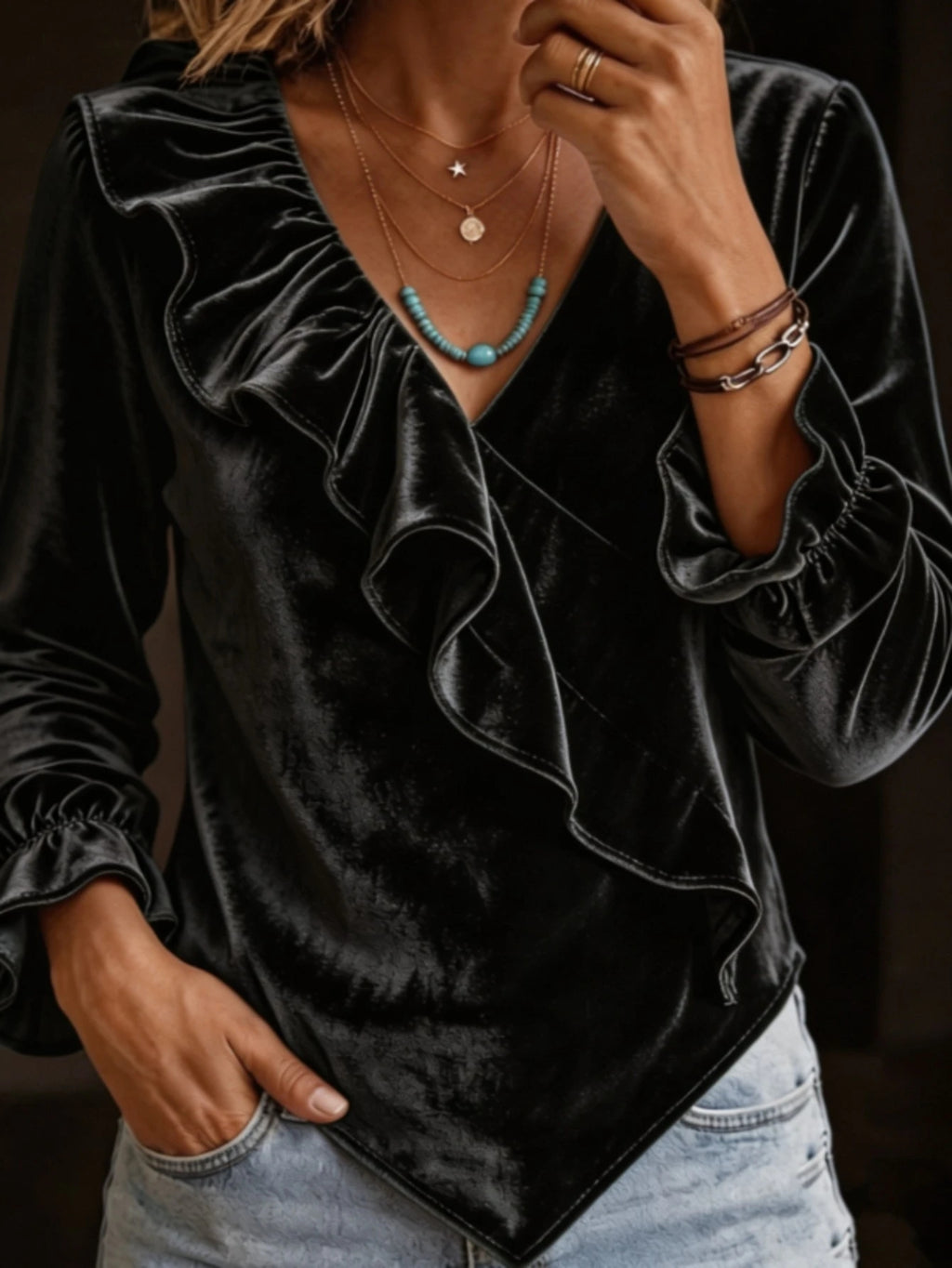 Womens Velvet V-neck Ruffled Top