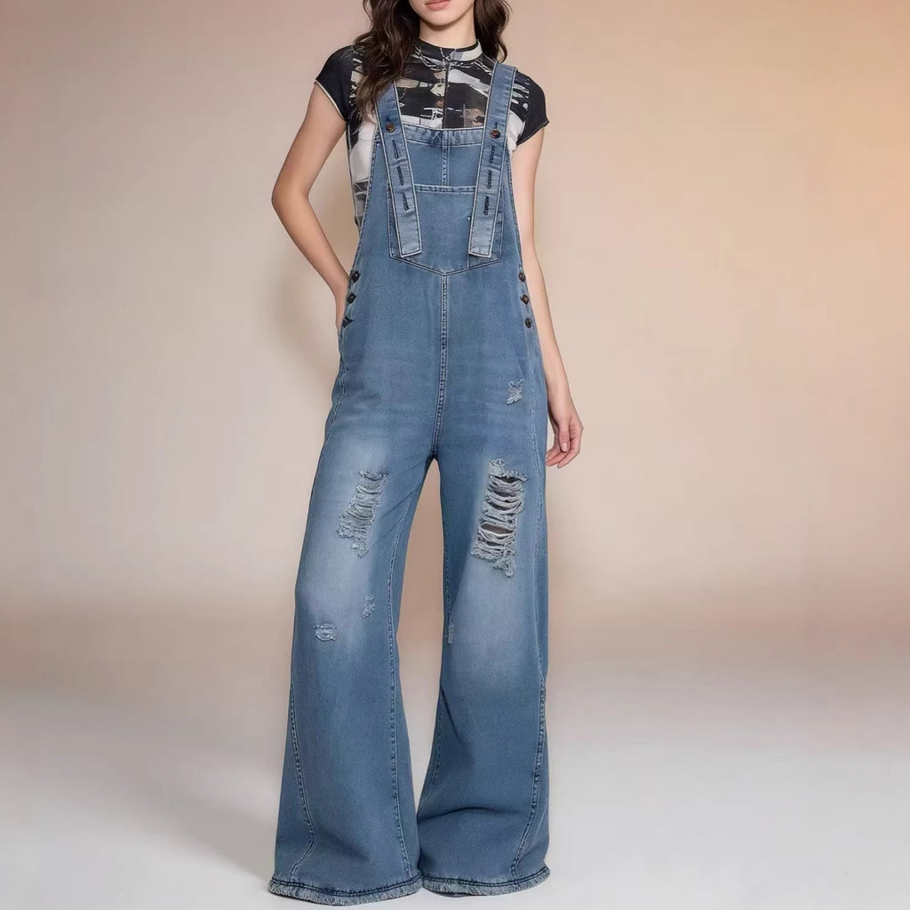 Women's Retro Loose-Fit Wide-Leg Denim Overalls