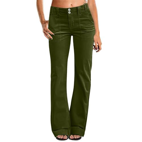 Women's Multi Pocket Stretch Elastic Waist Twill Cotton Pants High Waisted, Comfortable Form Fitting Formal Casual Wide Leg Pants