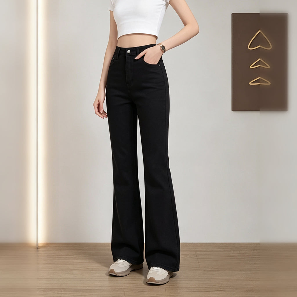 Winter Warm Fleece Lined Bootcut Denim Pants, Women High Waist Solid Black Flare Jeans