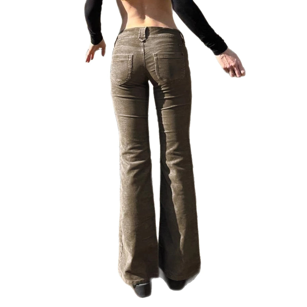 Vintage Solid-color Corduroy Slim-fit Slightly Flared Pants With Pocket Design