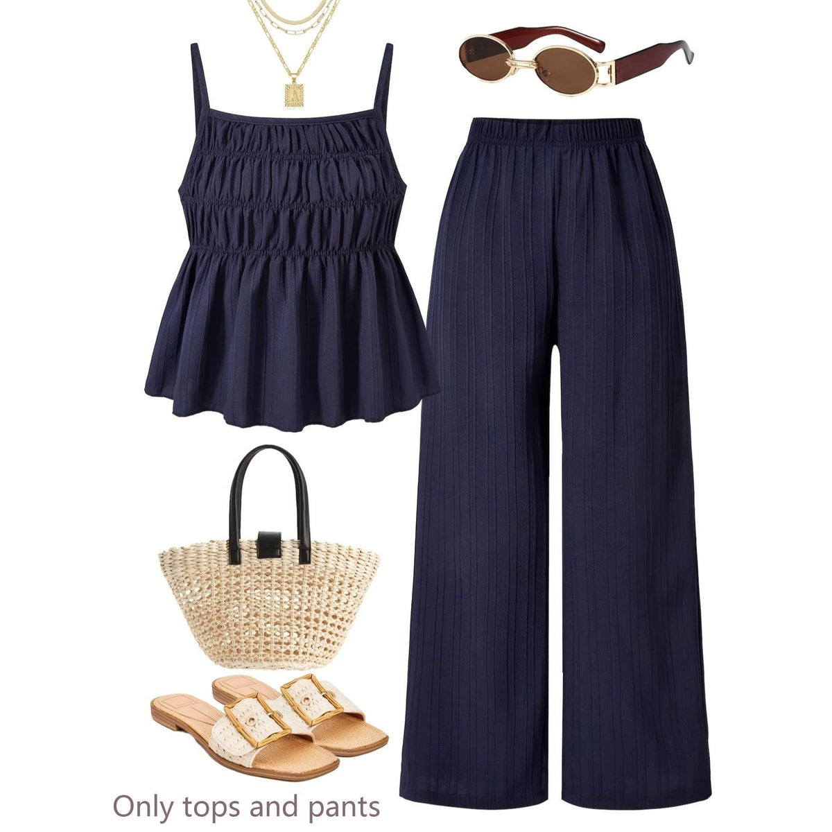 Casual Ruched-texture Camisole And Wide-leg Pants Set