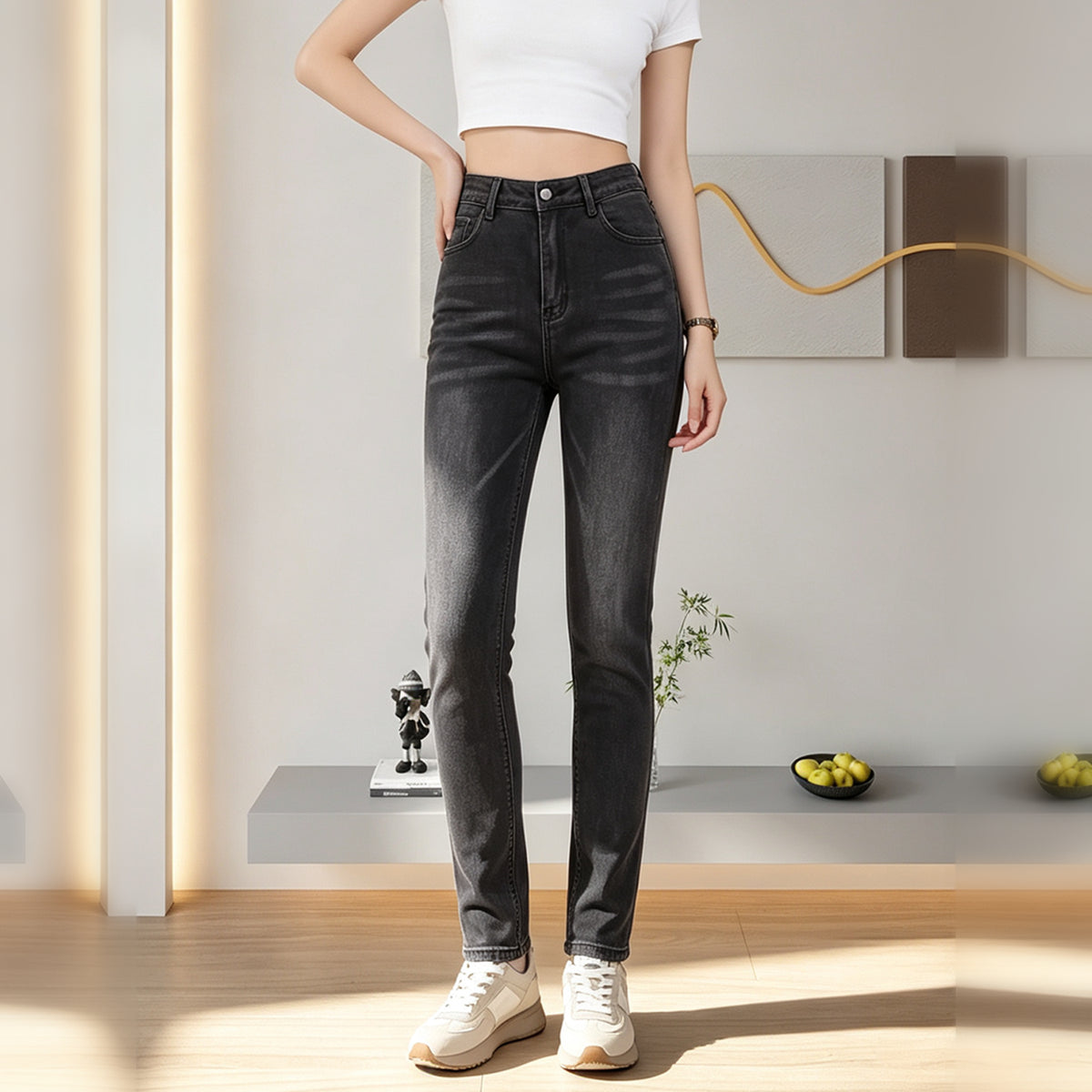 Women High Waist Gradient Black Straight Leg Jeans, Casual Slim Fit Denim Pants With Pockets
