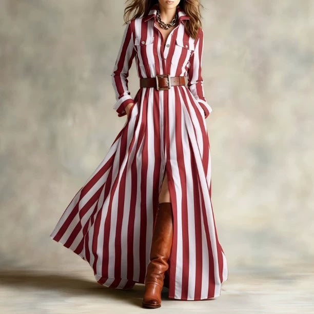 Fashionable Loose-fit V-neck Long Striped Shirt Dress