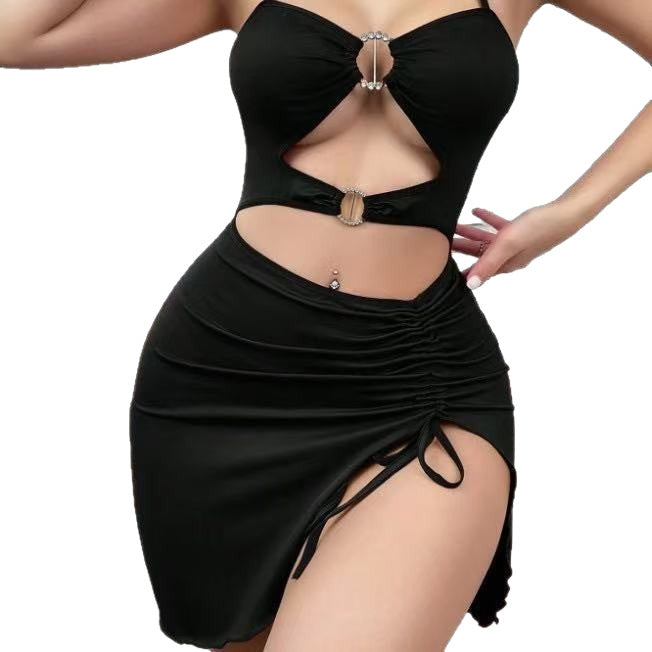 Womens Halter-Neck Slim-Fit Split Dress With Drawstring