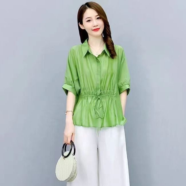 Casual Chic Plus-size Wide-leg Pants Linen Two-piece Set With A Flowing Drape
