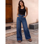 US Ready Stock Women High Waist Wide Leg Jeans Triple Button Denim Pants Front Seam Loose Fit Jeans Wholesale