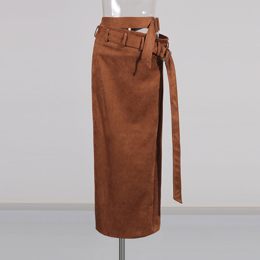 Solid-color Suede-like Fabric High-waisted Slim-fit Midi Bodycon Skirt