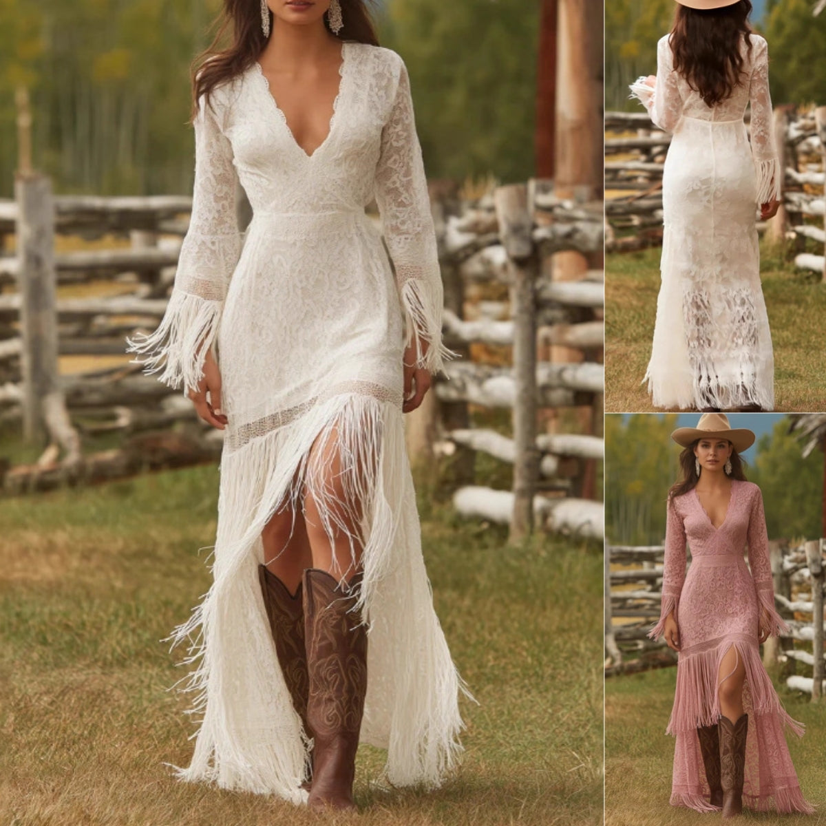 Ivory Fringe Lace Boho Maxi Dress