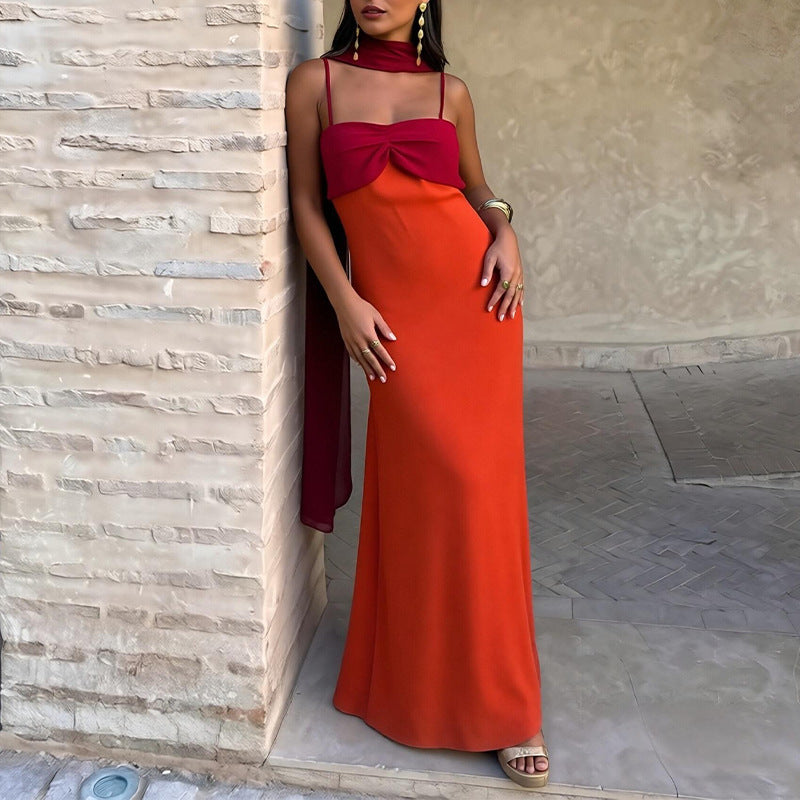 Foreign Trade Women's Clothing Summer Dress Fashionable Color-Block Scarf Collar Slim Fit Bodycon Strap Dress
