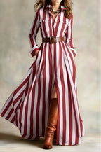 Fashionable Loose-fit V-neck Long Striped Shirt Dress