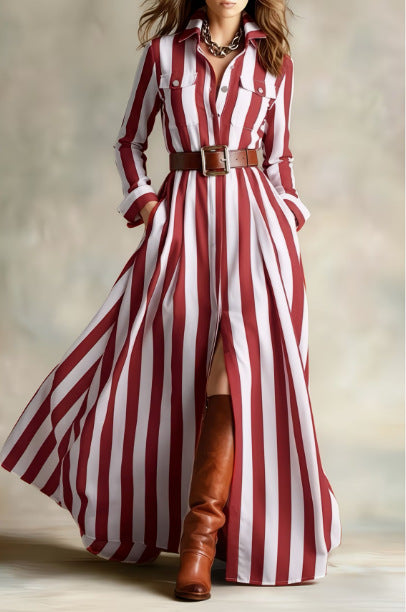Fashionable Loose-fit V-neck Long Striped Shirt Dress