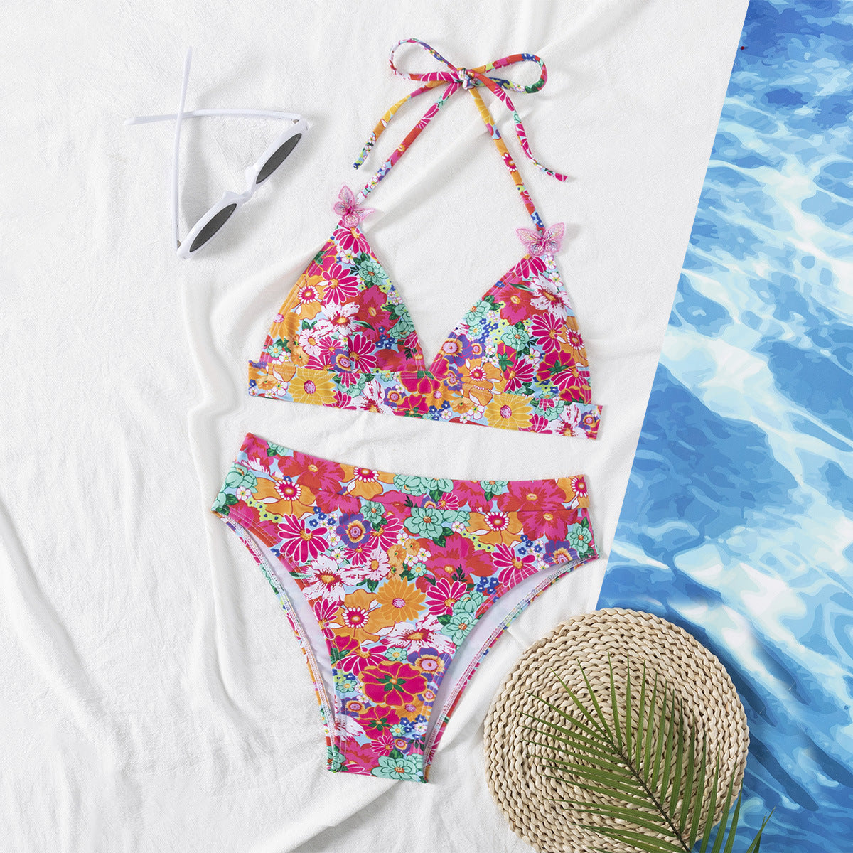 European And American New Style Bikini Swimsuit Cross-Border Amazon Lace-Up Backless Sexy Floral Beach Bikini For Women