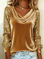 New European And American Cross-Border Fashion Women's Velvet Stacked Collar Sequin Patchwork Long-Sleeve T-Shirt Top