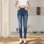 Women High Waist Washed Blue Straight Leg Jeans, Casual Stretch Slim Denim Pants With Pockets