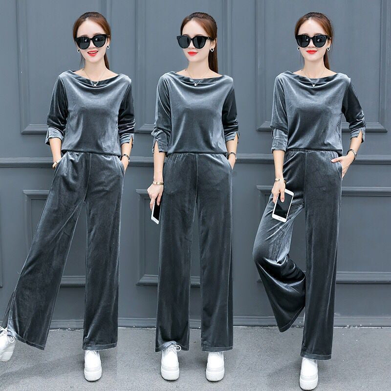 Womens Solid-color Halter-neck Split Wide-leg Pants Long-sleeve Casual Set