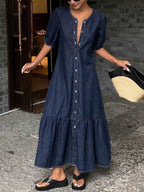 Button-ront Puff Sleeve Ruffle Hem Denim Midi Dress