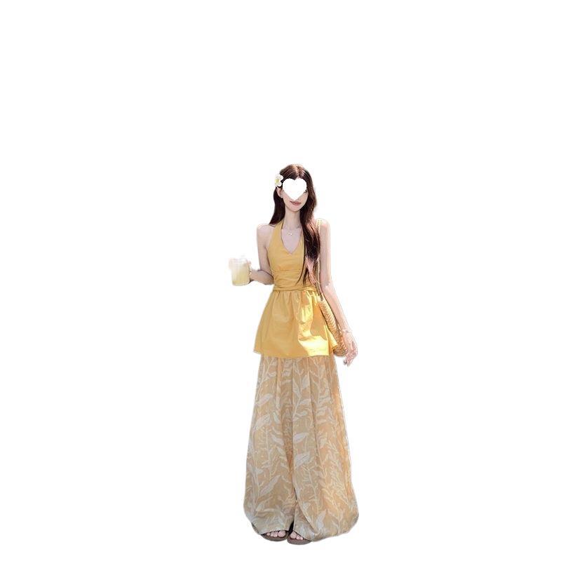 Yellow Halter-top And Waist-cinching Wide-leg Pants Summer Two-piece Set