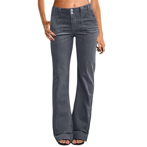 Women's Multi Pocket Stretch Elastic Waist Twill Cotton Pants High Waisted, Comfortable Form Fitting Formal Casual Wide Leg Pants