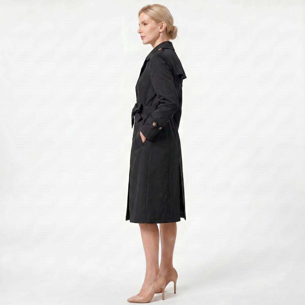 Casual Waist Cinching Trench Coat For Fall Winter, Elegant Long Women Outerwear With Double Breasted Design, Model