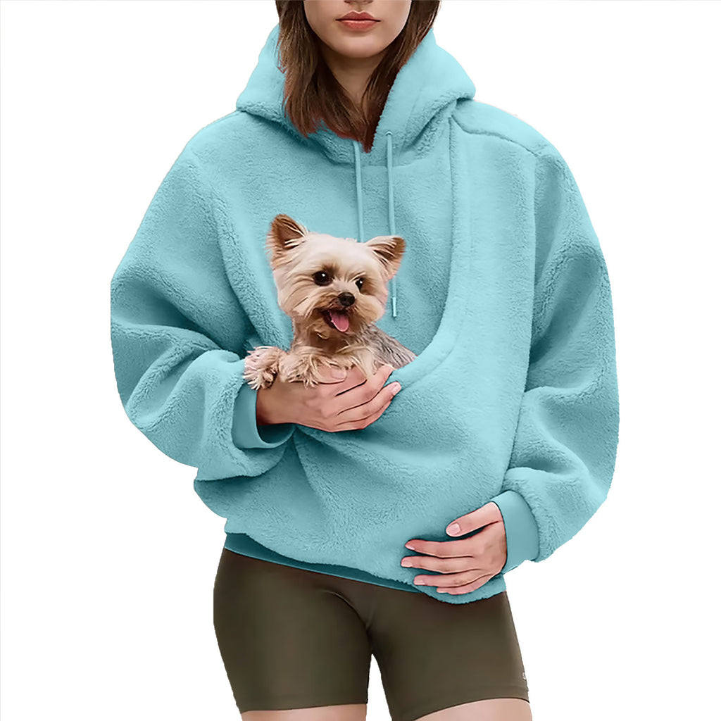 Amazon New European And American Autumn And Winter Cross-Border Pure Color Hooded Plush Pet Pocket Loose Pullover Sweatshirt For Women