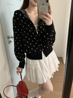 Korean-style Color-blocked Polka-dot Fine-gauge Knit Hooded Short Top, Double-zip Loose Slimming Cardigan Sweater Coat For Women