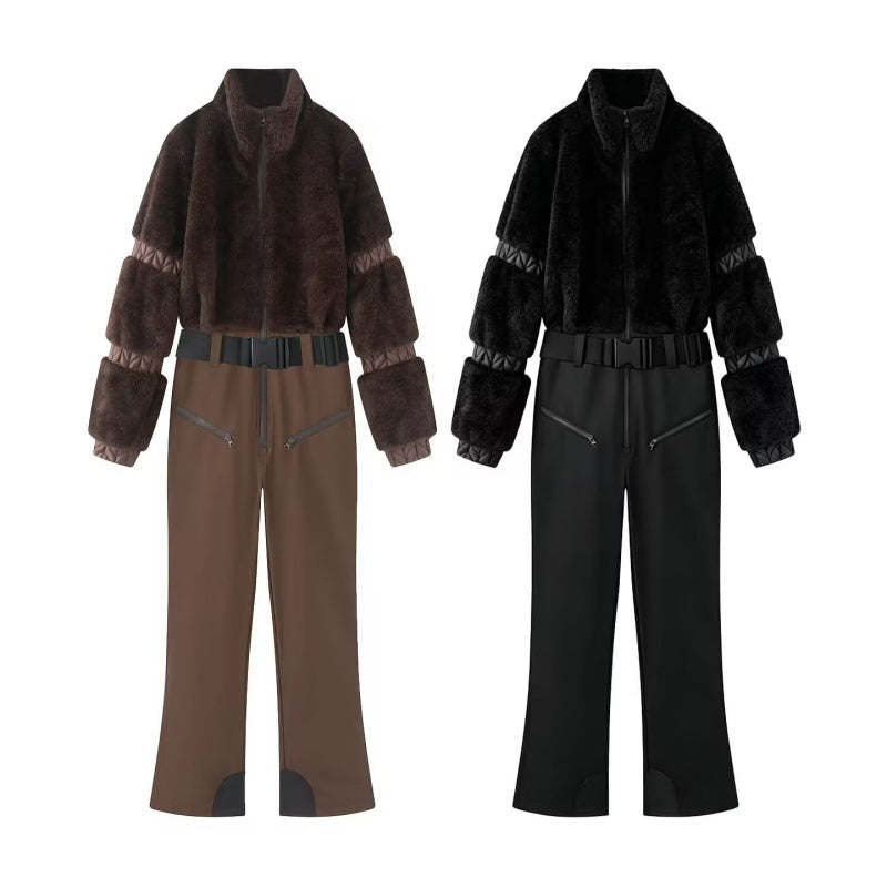 Down-filled Fur Patchwork Zip-up Thickened Fluffy Ski Jumpsuit