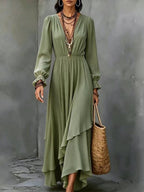 Solid-color V-neck Asymmetrical Chiffon Long-sleeve Dress With Ruffled Hem
