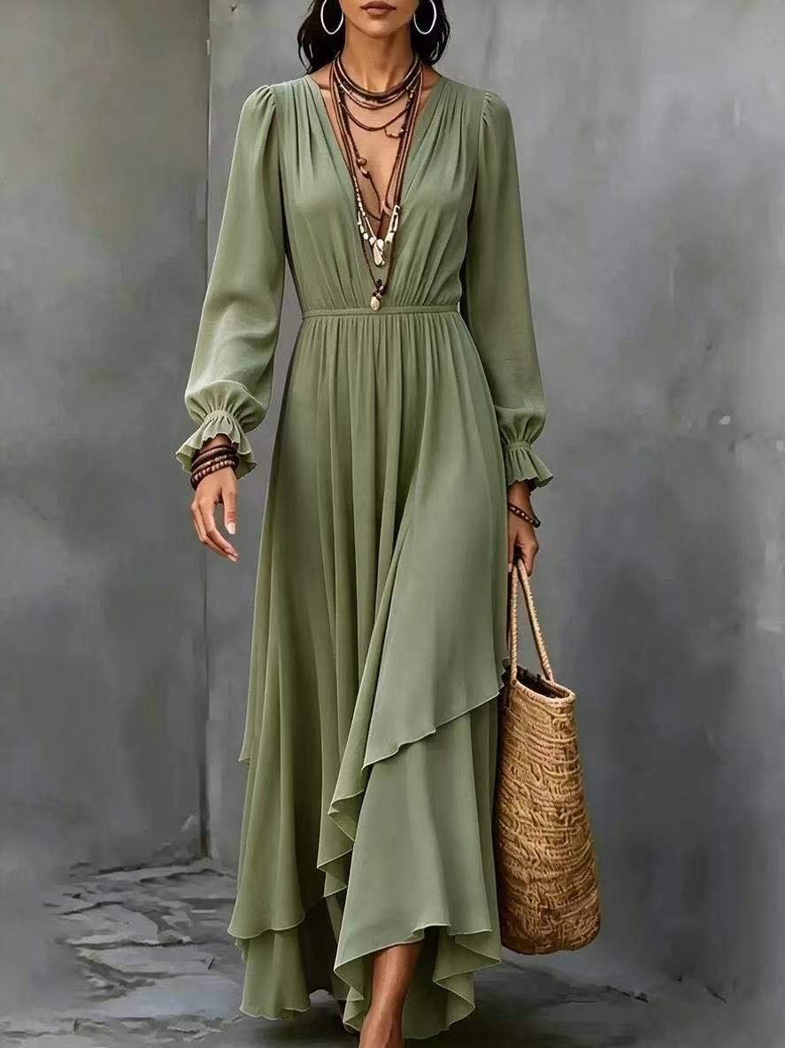 Solid-color V-neck Asymmetrical Chiffon Long-sleeve Dress With Ruffled Hem