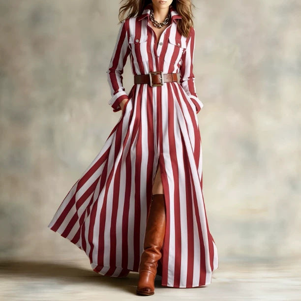 Fashionable Loose-fit V-neck Long Striped Shirt Dress
