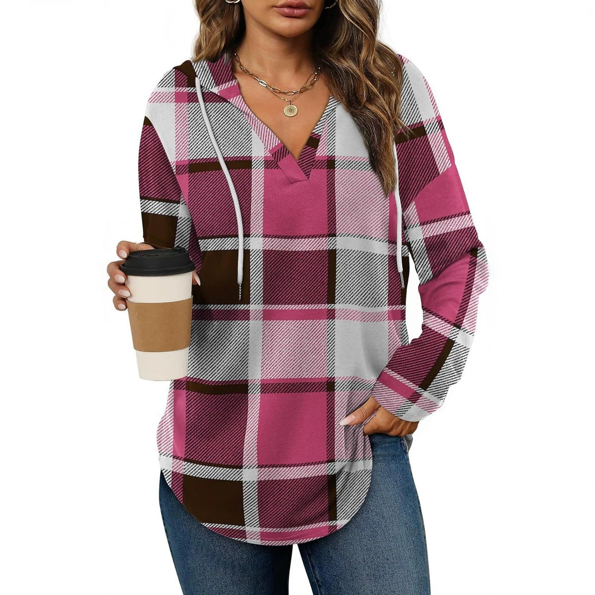 Vintage Plaid V-Neck Hooded Long-Sleeved Shirt For Women Casual Drawstring Plaid Top
