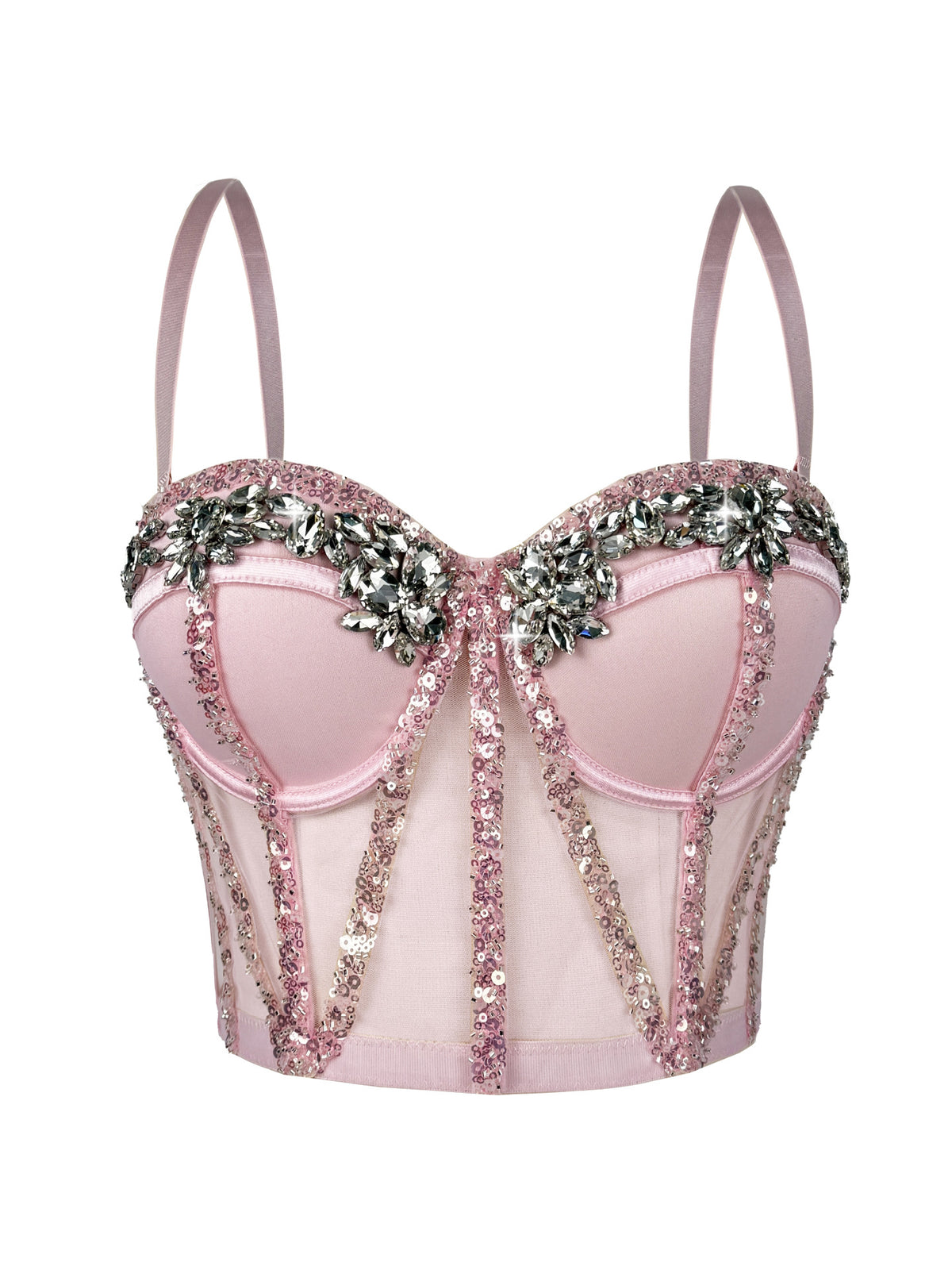 Cross-Border Rhinestone Mesh Fishbone Bra Semi-Transparent Sexy Slimming Suspender Tube Top Slimming Diamond Fishbone Top Stage