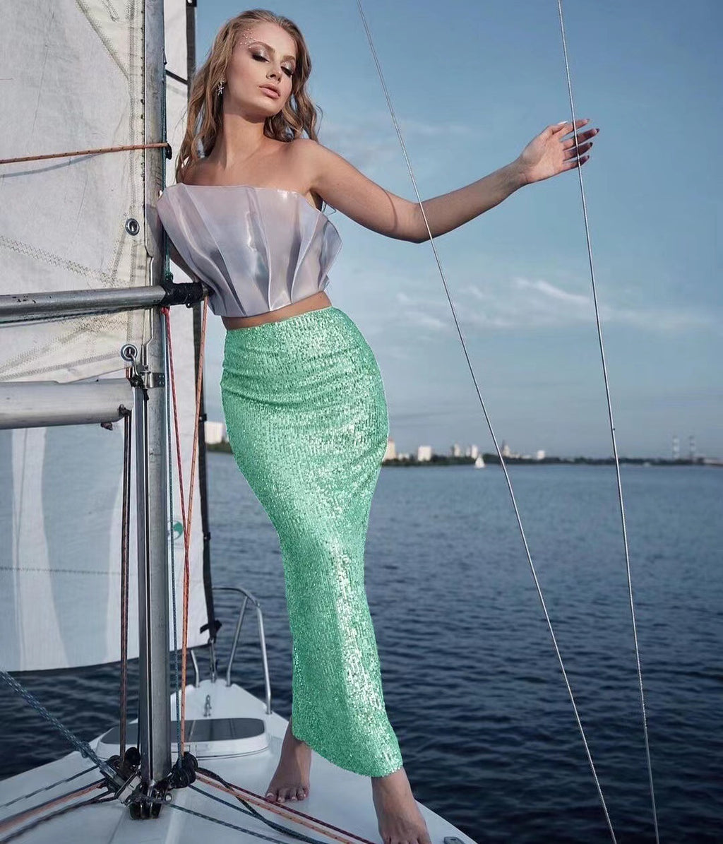 Womens Solid-color Sequined And Beaded Fashion Casual Skirt With A Back Slit