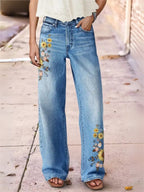 Women's Light Blue Wide Leg Jeans Floral Embroidery Washed Denim Pants Boho Vintage Style Ready Stock