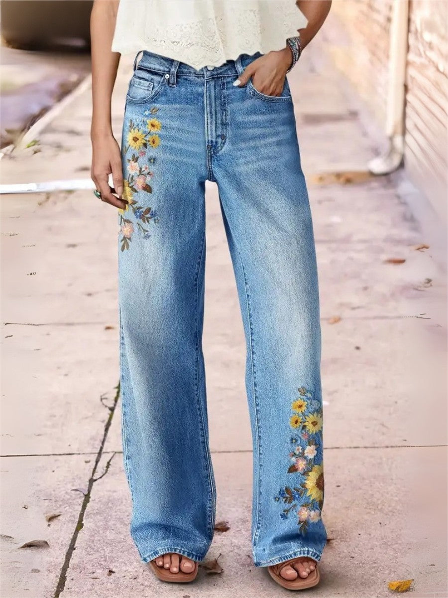 Women's Light Blue Wide Leg Jeans Floral Embroidery Washed Denim Pants Boho Vintage Style Ready Stock