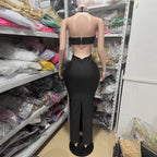 Sleeveless Halter Rhinestone Backless Bodycon Midi Dress
