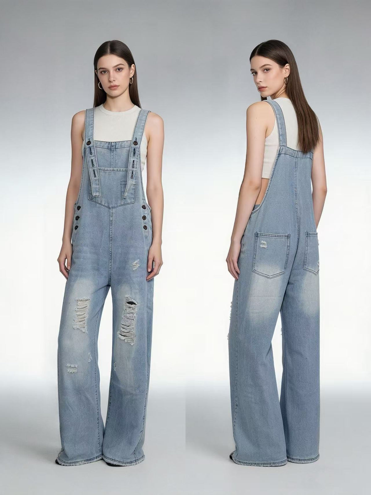 Women's Retro Loose-Fit Wide-Leg Denim Overalls