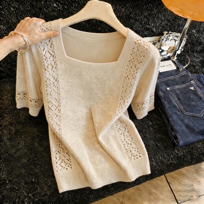Square-neck Short-sleeve Solid-color Knit Top