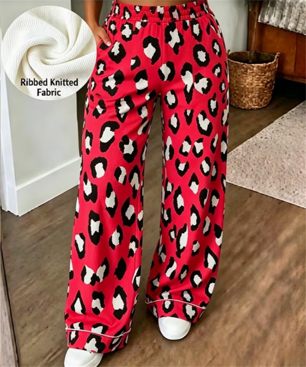 Women Ribbed Knit Wide Leg Pants, Bold Blue Orange Leopard Print High Waist Loose Casual Loungewear Trousers With Pockets