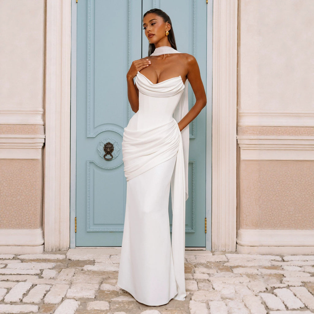 Women's Solid-color Strapless Pleated Maxi Bodycon Dress