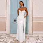 Women's Solid-color Strapless Pleated Maxi Bodycon Dress