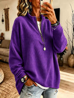 Womens Zip-up Half-neck Waffle-knit Hoodie Loose-fit Top